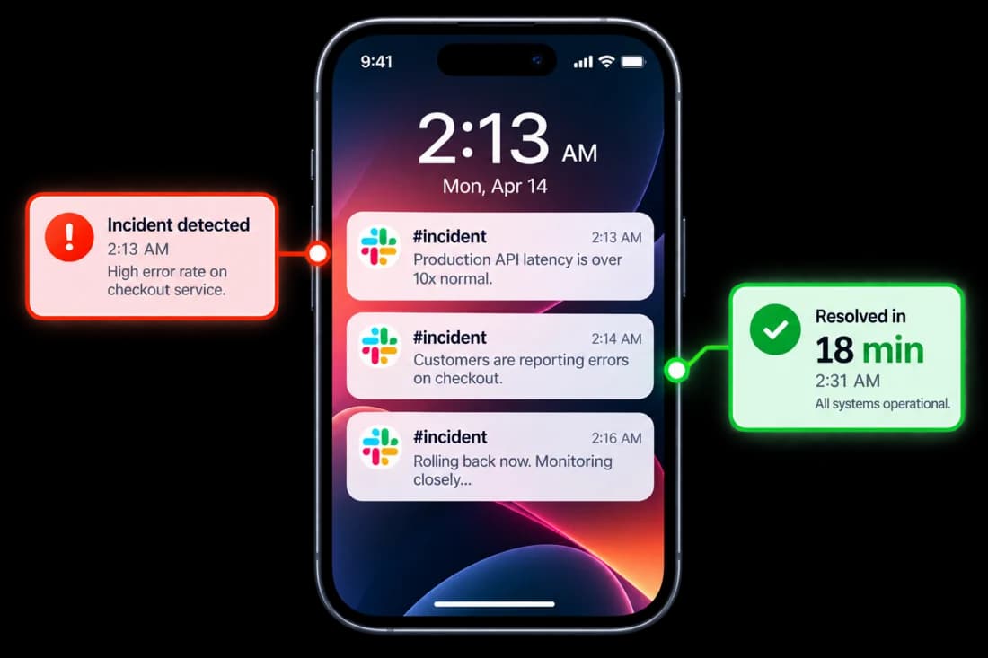 Phone on call at 2:13 AM: incident alerts in Slack, resolved in 18 minutes