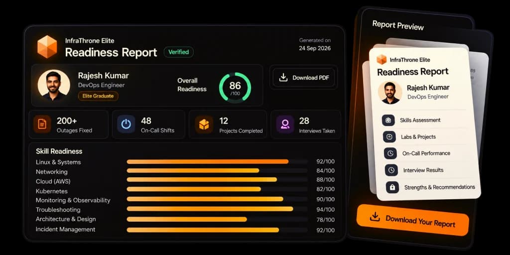 Elite readiness report: overall readiness score, outages fixed, on-call shifts, projects, interviews and skill-by-skill readiness
